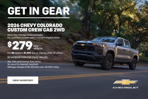 2026 Chevy Colorado Custom Crew Cab 2WD. Ultra-low mileage lease example For qualified lessees wi...